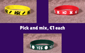 Image of all three consentbands with the text, "Pick and mix, €1 each"