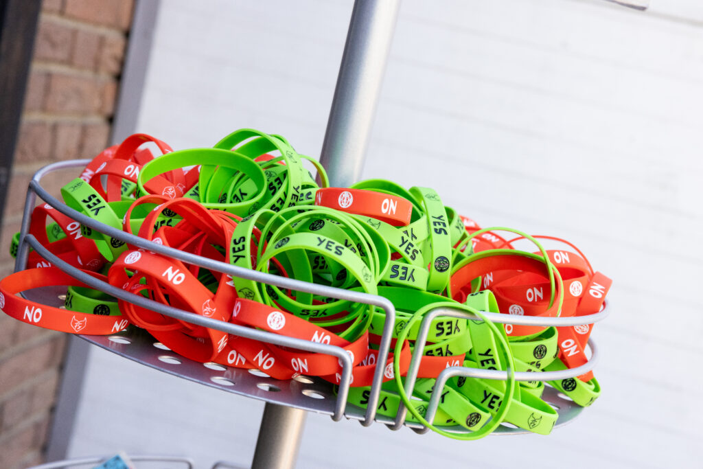Basket of custom consent bands for FS/Neuq in red and green