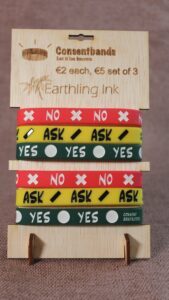 Consentband display stand with logo, price, vendor logo, and six bands