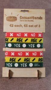 Consentband display stand with logo, price, and six bands