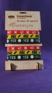 Consentband display stand with logo, price, vendor logo, and six bands
